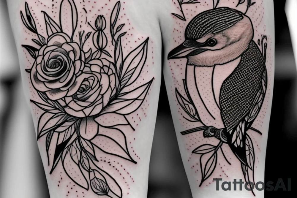 A small Kookaburra with a rose and Jasmin flowers coming out of it, inner forearm tattoo idea