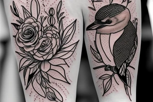 A small Kookaburra with a rose and Jasmin flowers coming out of it, inner forearm tattoo idea
