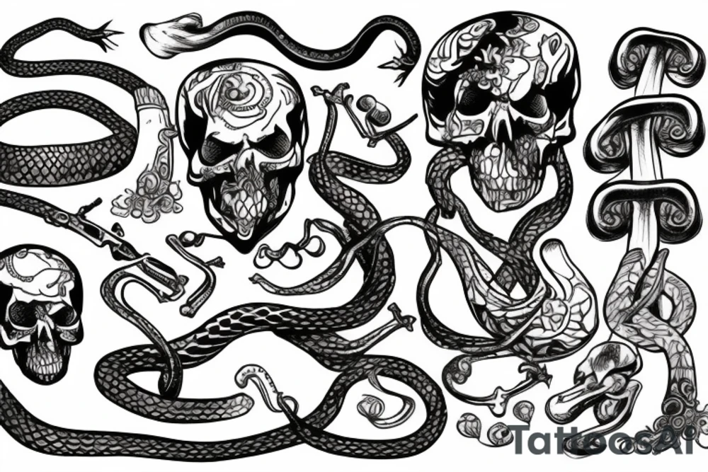 Snake with skull and skis and mushrooms tattoo idea