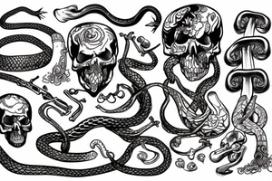 Snake with skull and skis and mushrooms tattoo idea