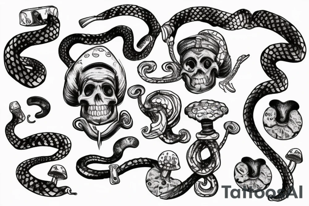 Snake with skull and skis and mushrooms tattoo idea