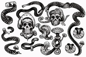 Snake with skull and skis and mushrooms tattoo idea