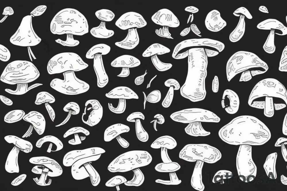 Rectangle outline mushrooms with ribbons tattoo idea