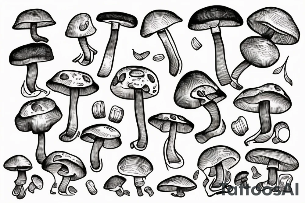 Rectangle outline mushrooms with ribbons tattoo idea