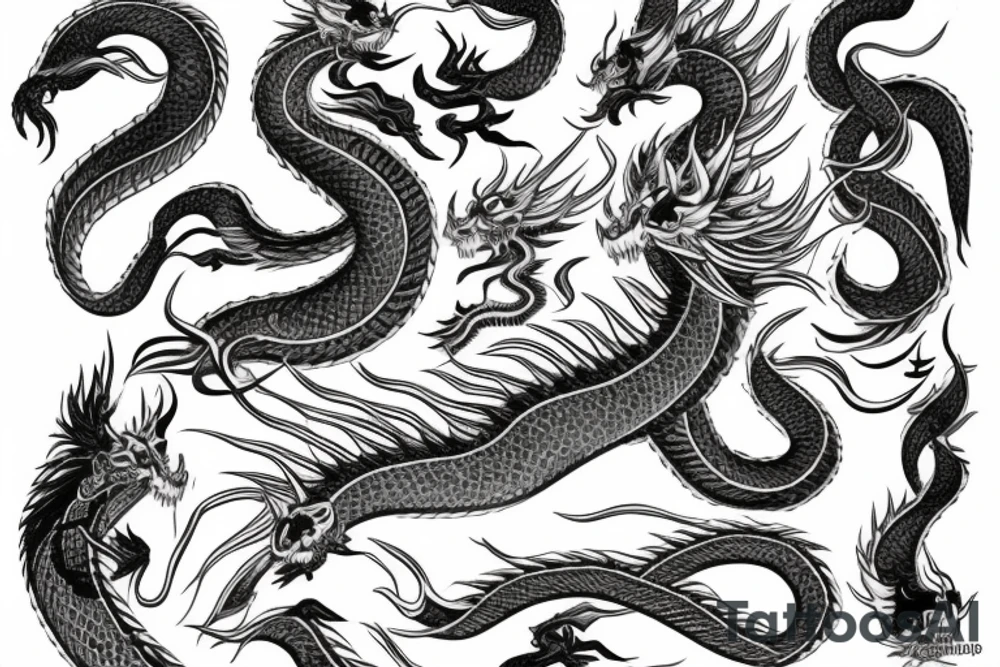 A fine line tattoo with a Japanese dragon and lighting tattoo idea
