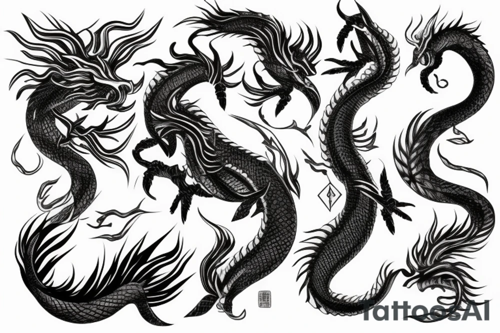 A fine line tattoo with a Japanese dragon and lighting tattoo idea