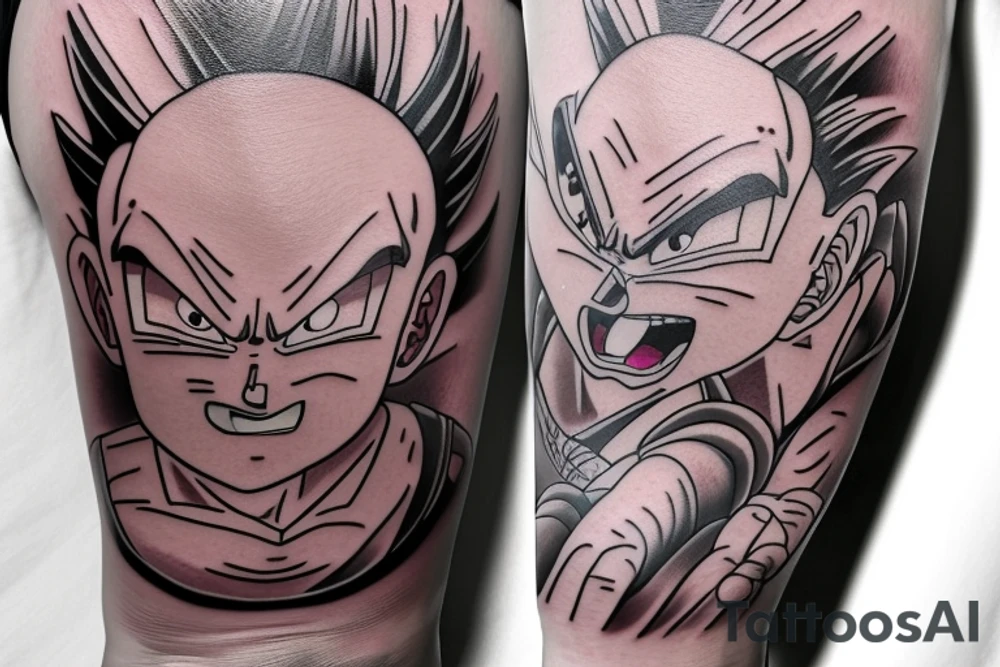 Dragon Ball kontynuacja tatuażu Vegety przytulającego swojego syna przed poświęceniem się z walką z Bubu tattoo idea