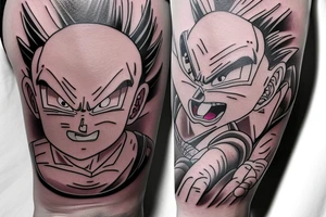 Dragon Ball kontynuacja tatuażu Vegety przytulającego swojego syna przed poświęceniem się z walką z Bubu tattoo idea