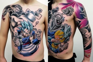 Noga. Dragon Ball kontynuacja tatuażu Vegety przytulającego swojego syna przed poświęceniem się z walką z Bubu tattoo idea