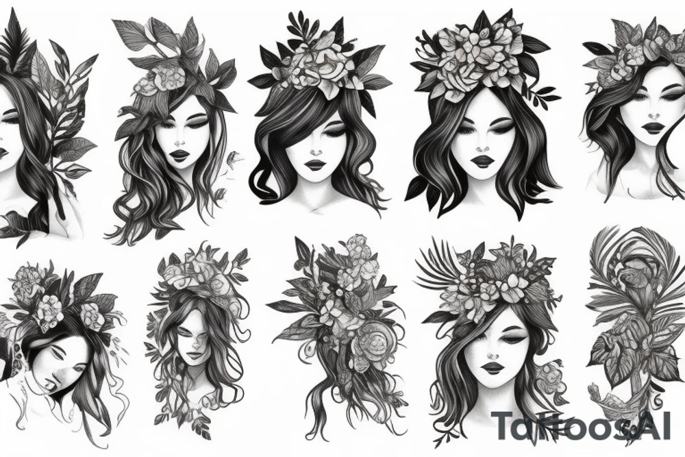Woman nature goddess leafy hair tattoo idea
