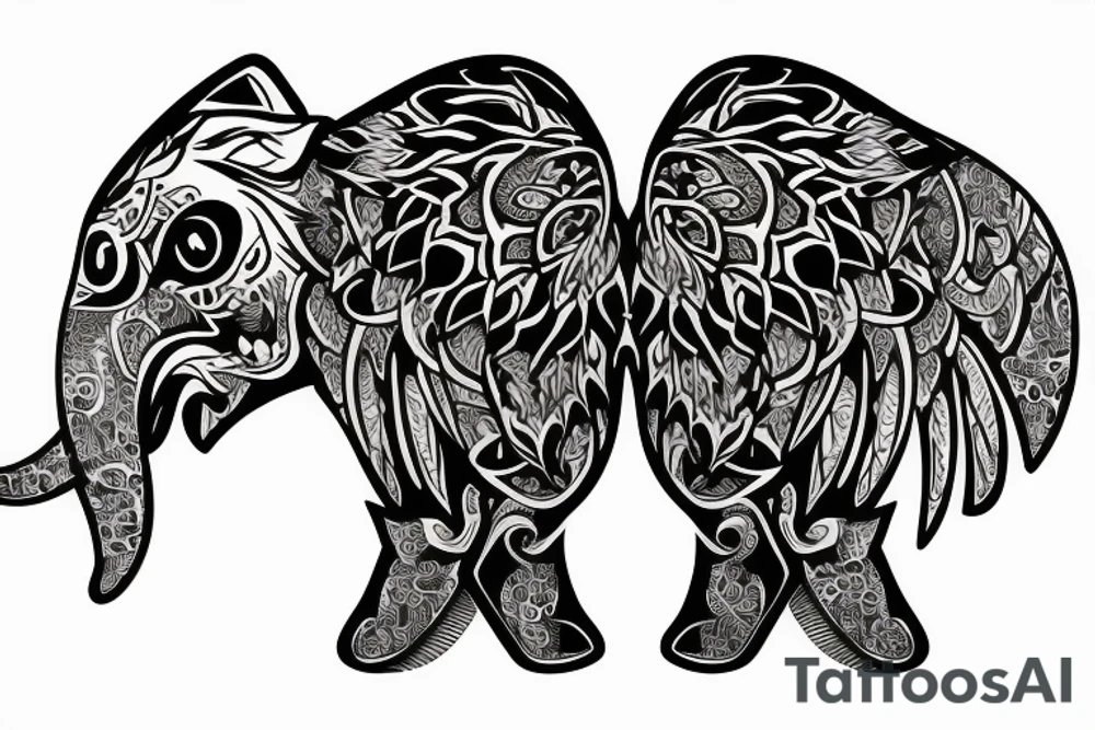 Lion roaring face, wolf face, baby elephant, tree of life, semicolon to butterfly wings tattoo idea