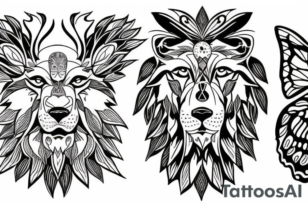 Lion roaring face, wolf face, baby elephant, tree of life, semicolon to butterfly wings tattoo idea