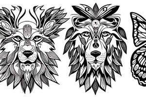 Lion roaring face, wolf face, baby elephant, tree of life, semicolon to butterfly wings tattoo idea
