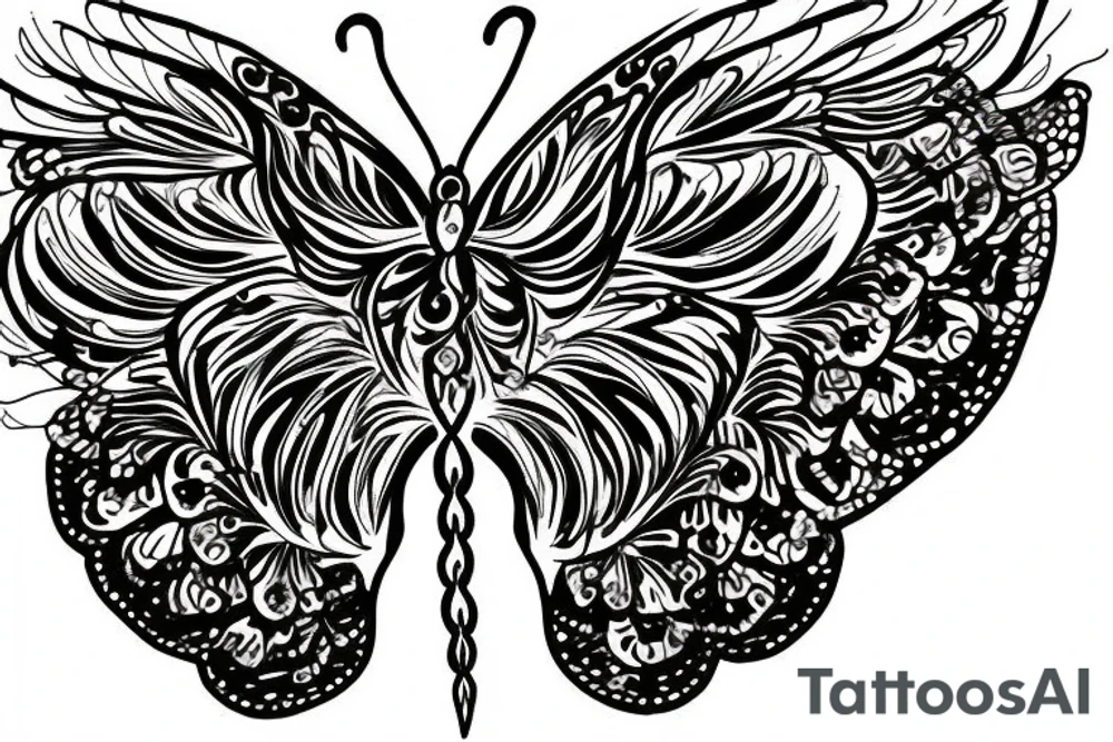 Semicolon with butterfly wing, peacock feather tattoo idea