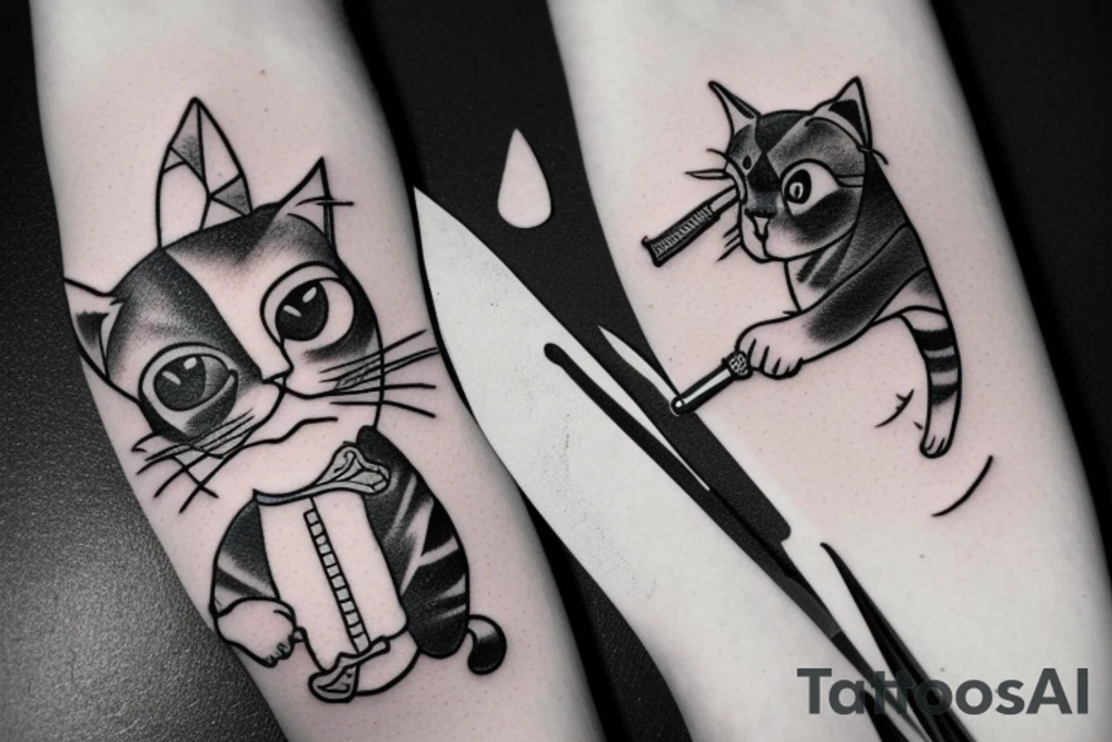 kitten assassin, cat holding a knife, detailed tattoo idea