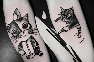kitten assassin, cat holding a knife, detailed tattoo idea