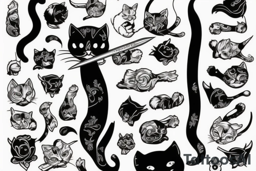 kitten assassin, cat holding a knife, detailed tattoo idea