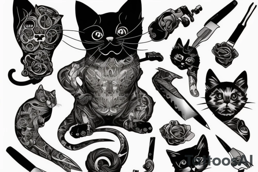 kitten assassin, cat holding a knife, detailed tattoo idea