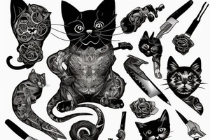 kitten assassin, cat holding a knife, detailed tattoo idea
