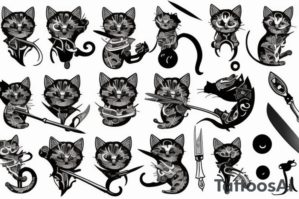 kitten assassin, cat holding a knife, detailed tattoo idea