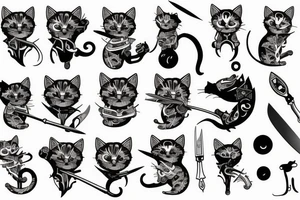 kitten assassin, cat holding a knife, detailed tattoo idea
