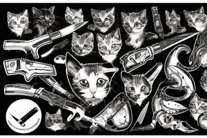 kitten assassin, little cat holding a knife, detailed, biopunk, cyberpunk tattoo idea