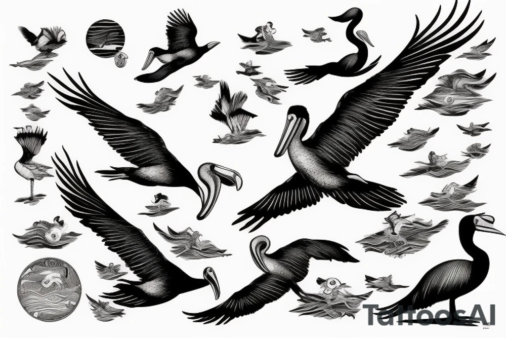 Pelican flying over the sea tattoo idea