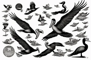 Pelican flying over the sea tattoo idea