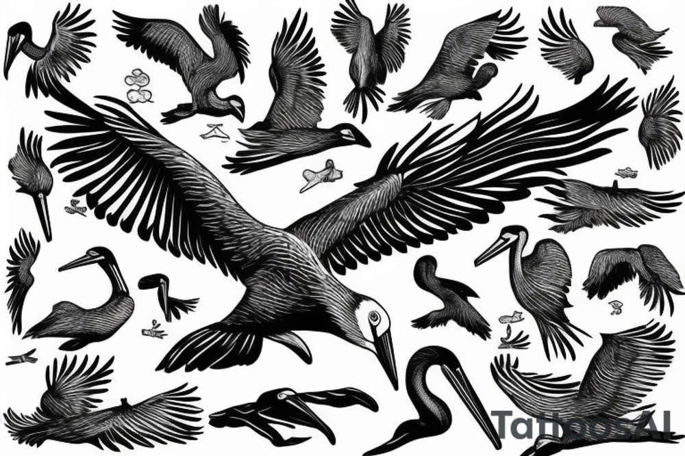 Pelican flying over the sea tattoo idea