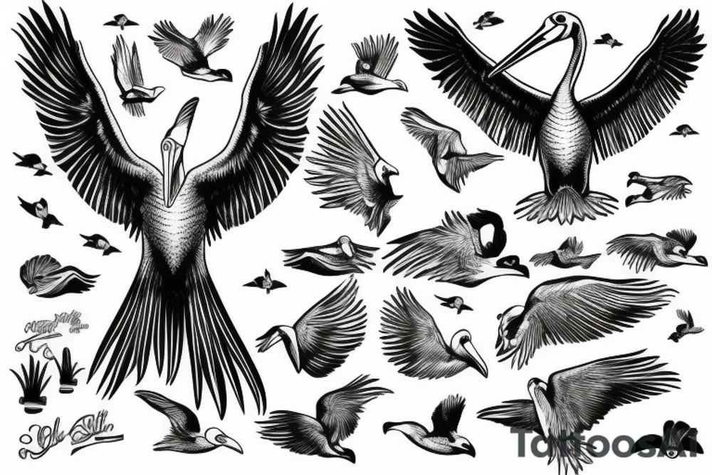 Pelican flying over the sea tattoo idea