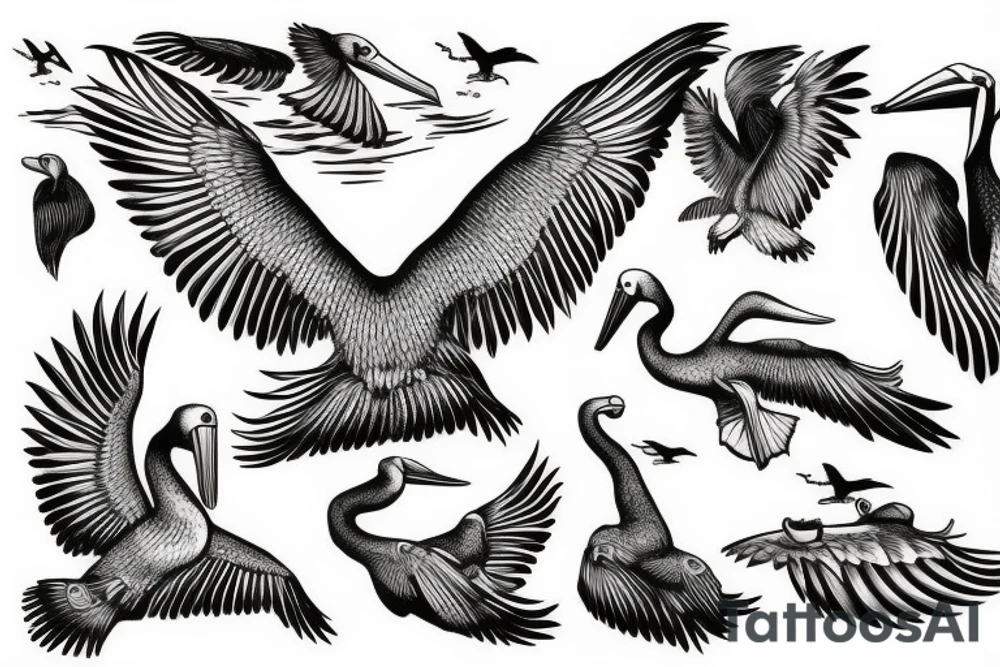 Pelican flying over the sea tattoo idea