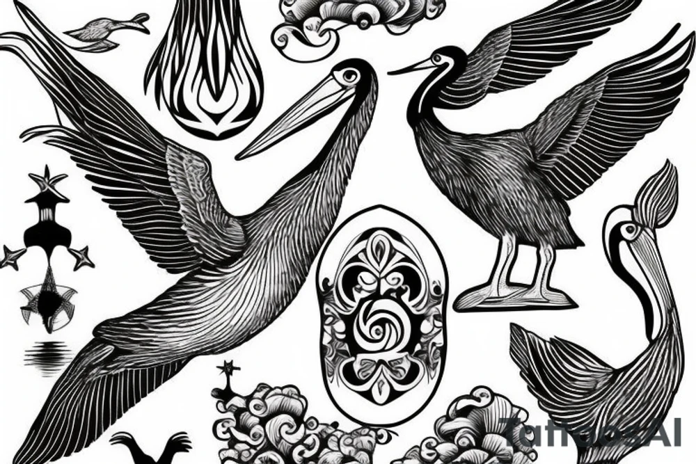 Pelican flying over the sea tattoo idea
