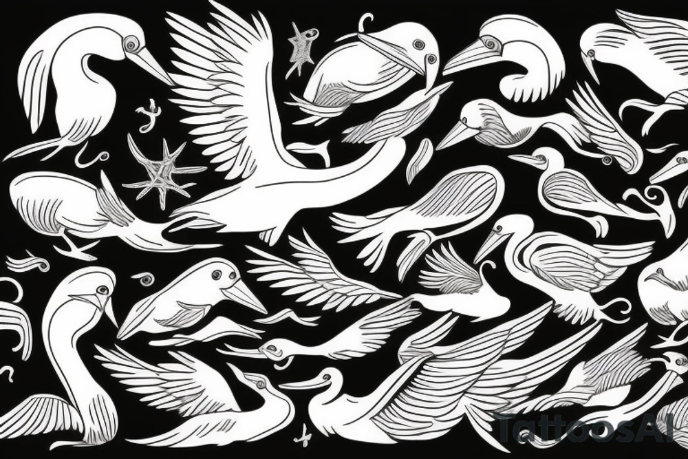 Pelican flying over the sea tattoo idea