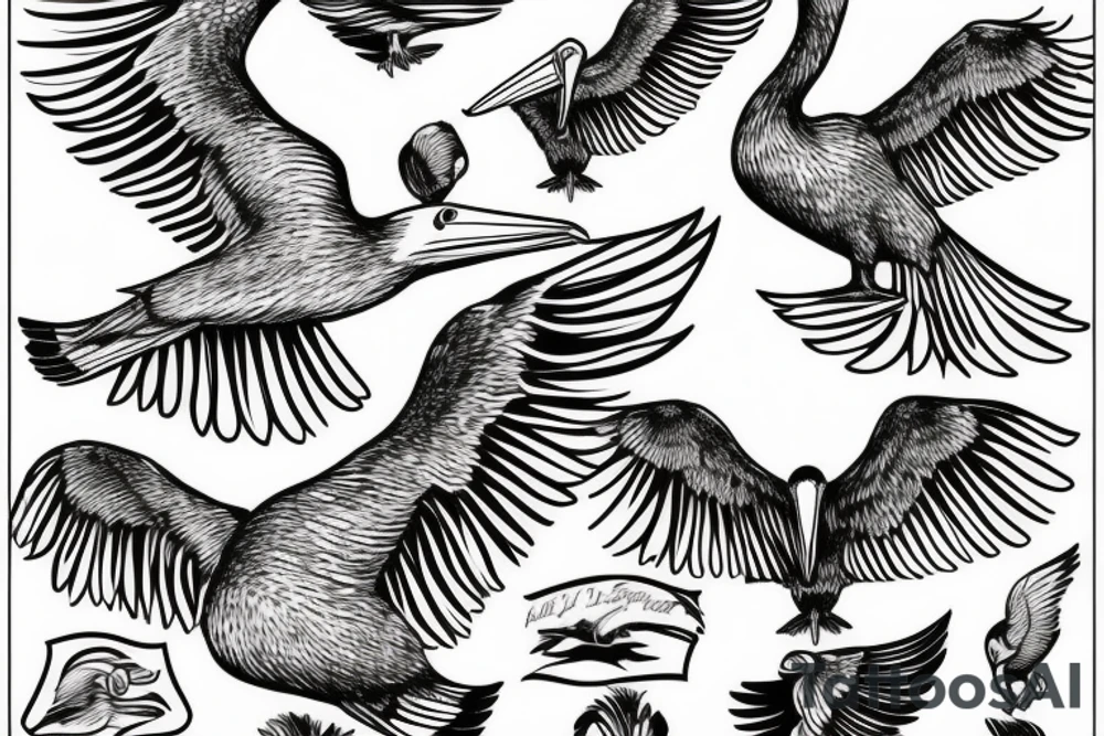Pelican flying over the sea tattoo idea