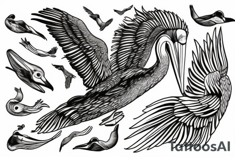 Pelican flying over the sea tattoo idea