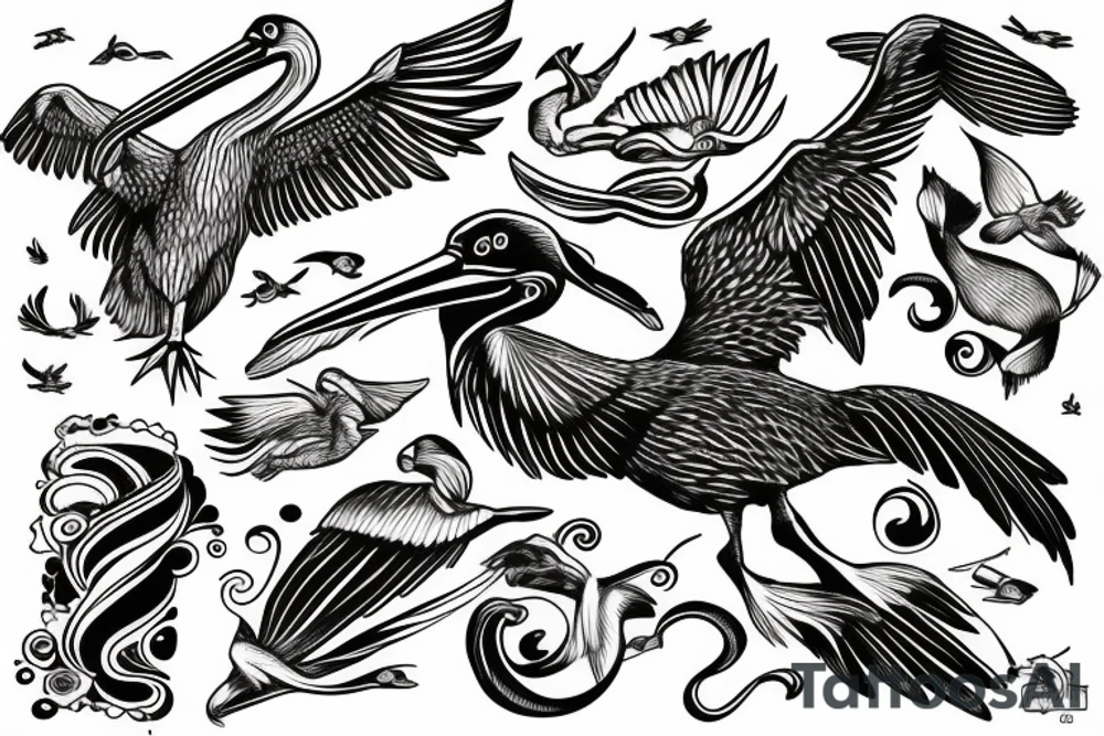 Pelican flying over the sea tattoo idea