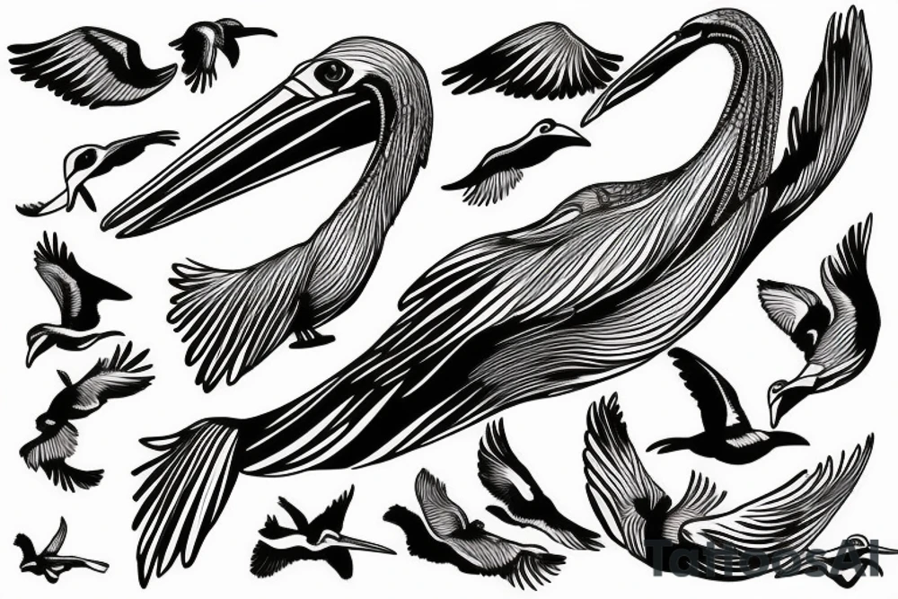 Pelican flying over the sea tattoo idea