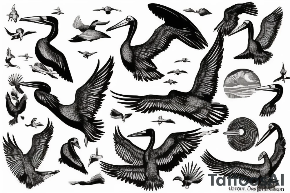Pelican flying over the sea tattoo idea