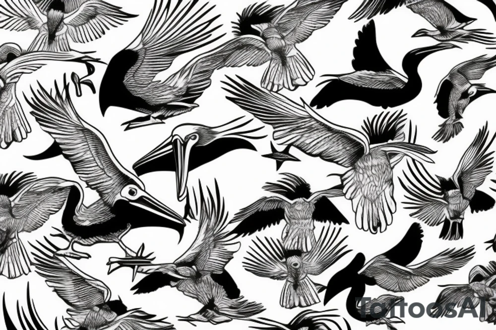 Pelican flying over the sea tattoo idea
