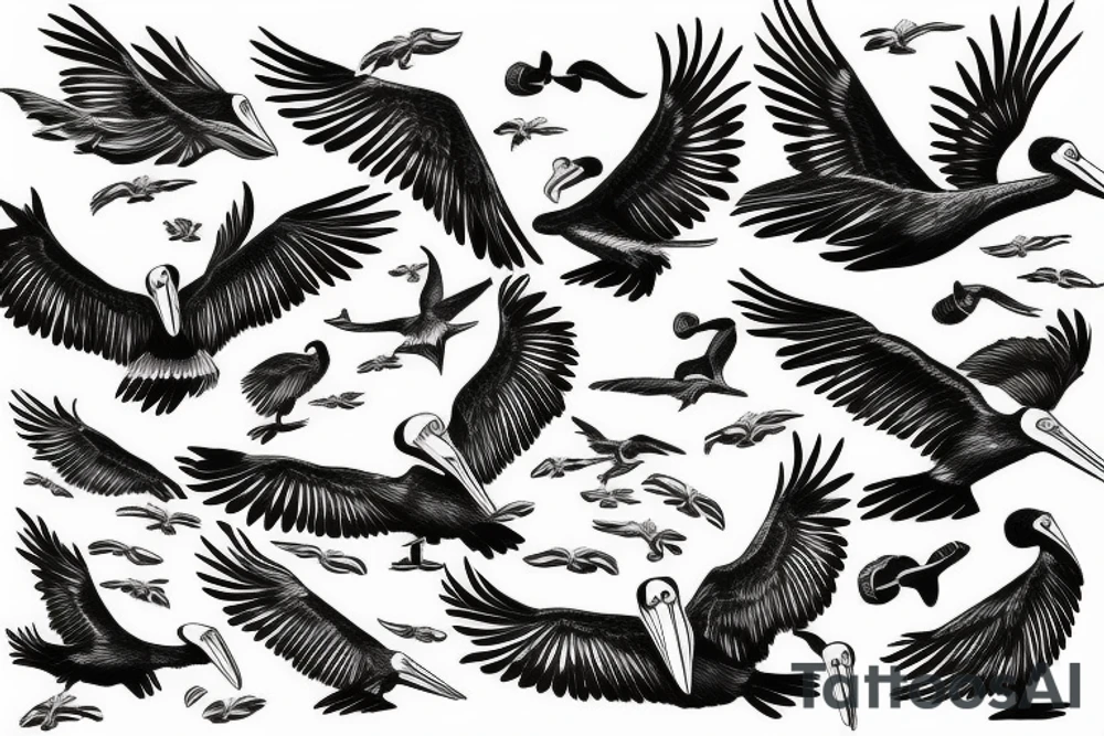 Pelican flying over the sea tattoo idea