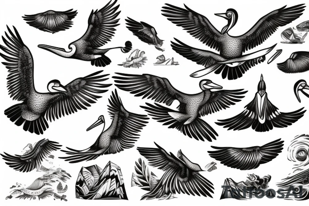 Pelican flying over the sea tattoo idea