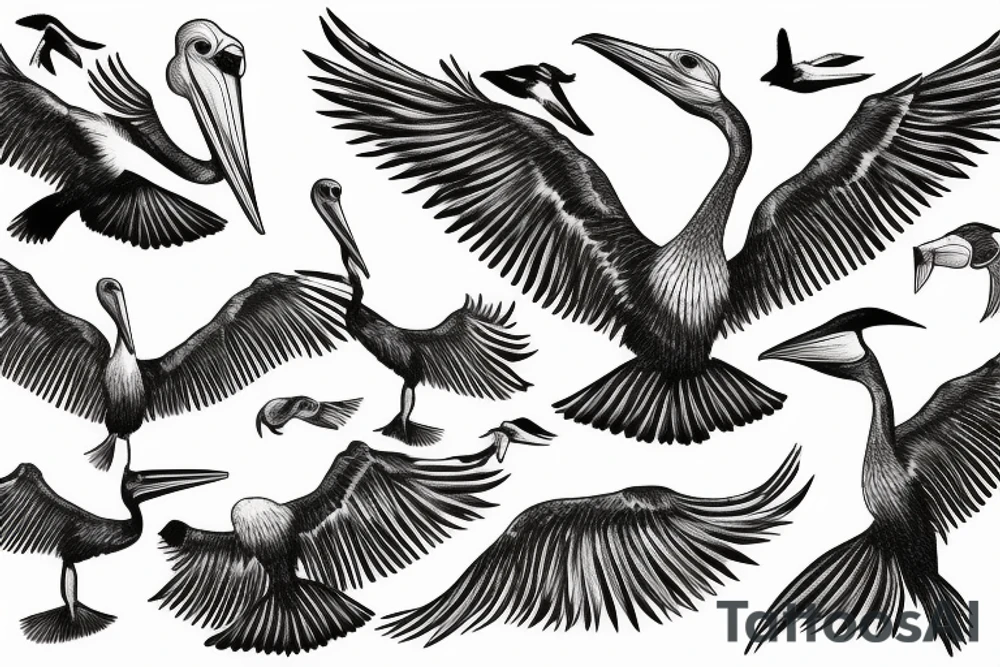 Pelican flying over the sea tattoo idea