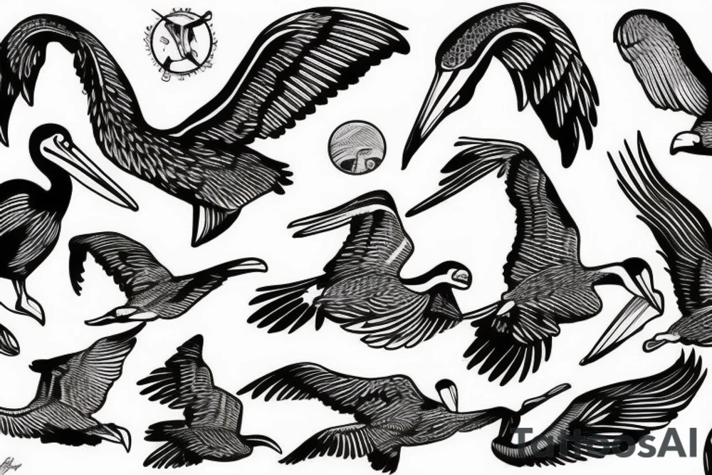 Pelican flying over the sea tattoo idea