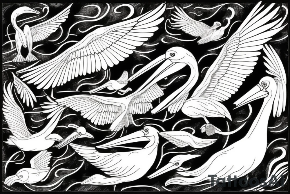 Pelican flying over the sea tattoo idea