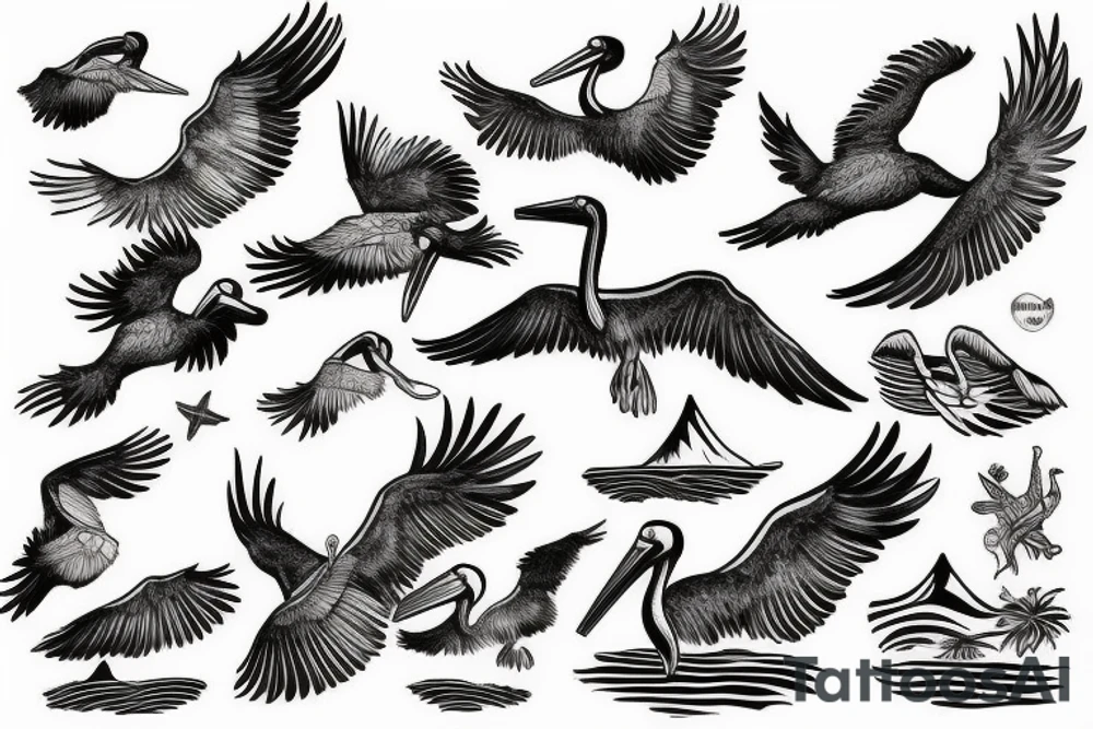 Pelican flying over the sea tattoo idea