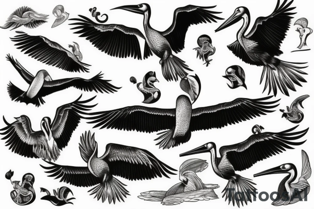 Pelican flying over the sea tattoo idea