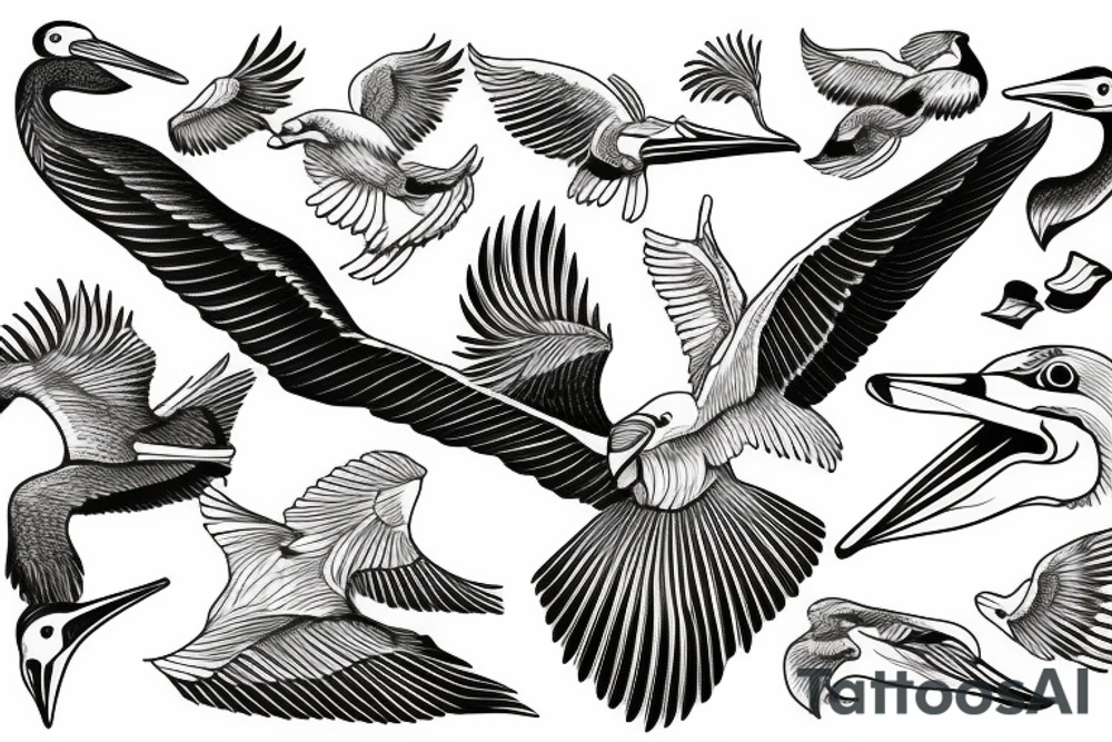 Pelican flying over the sea tattoo idea