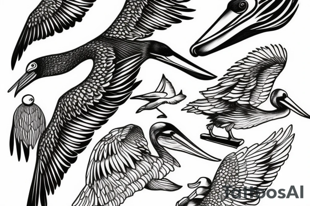 Pelican flying over the sea tattoo idea