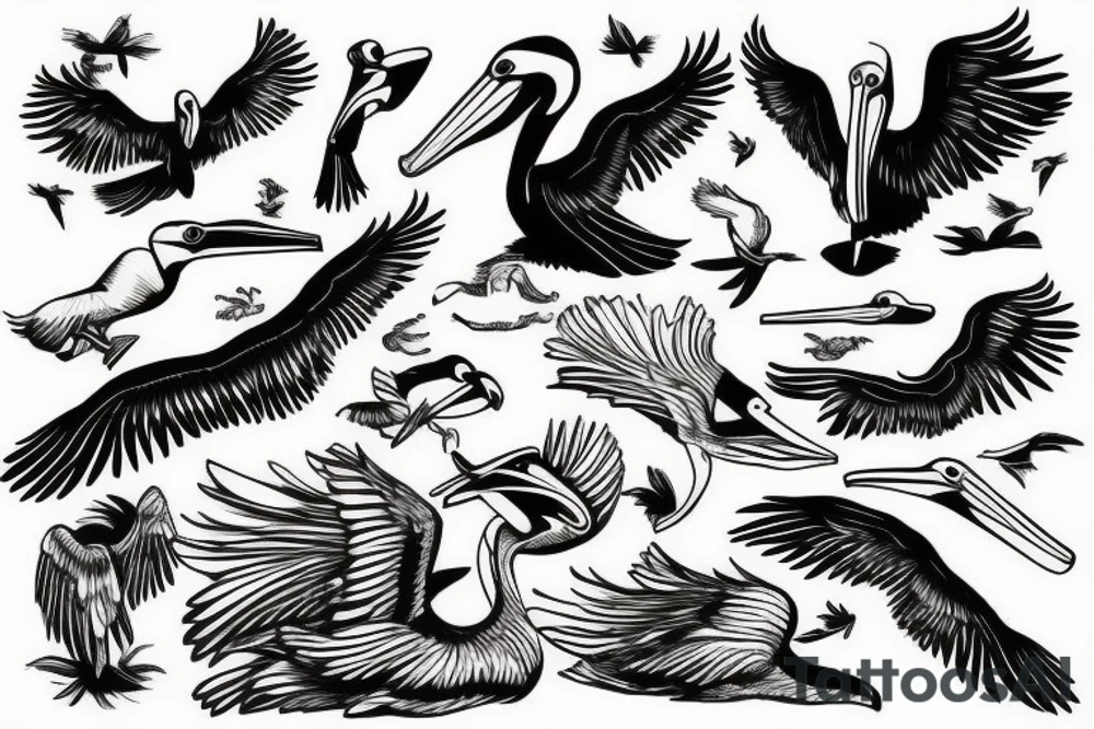 Pelican flying over the sea tattoo idea