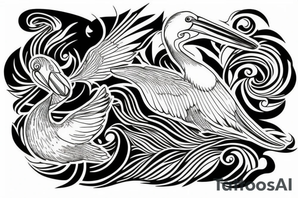 Pelican flying over the sea tattoo idea
